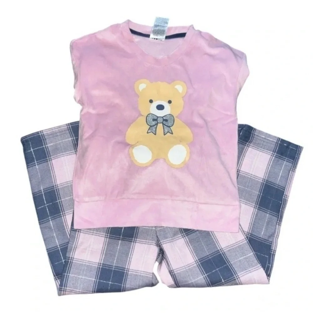 Dream Big Peace Out Kids Pink Bear Plaid 3 Piece Pajama Set Socks M 10/12 NWT